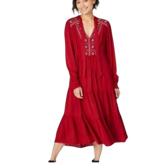 Knox Rose Deep Red Embroidered Boho Peasant Dress Women's Size XL Fall Casual - Picture 8 of 8